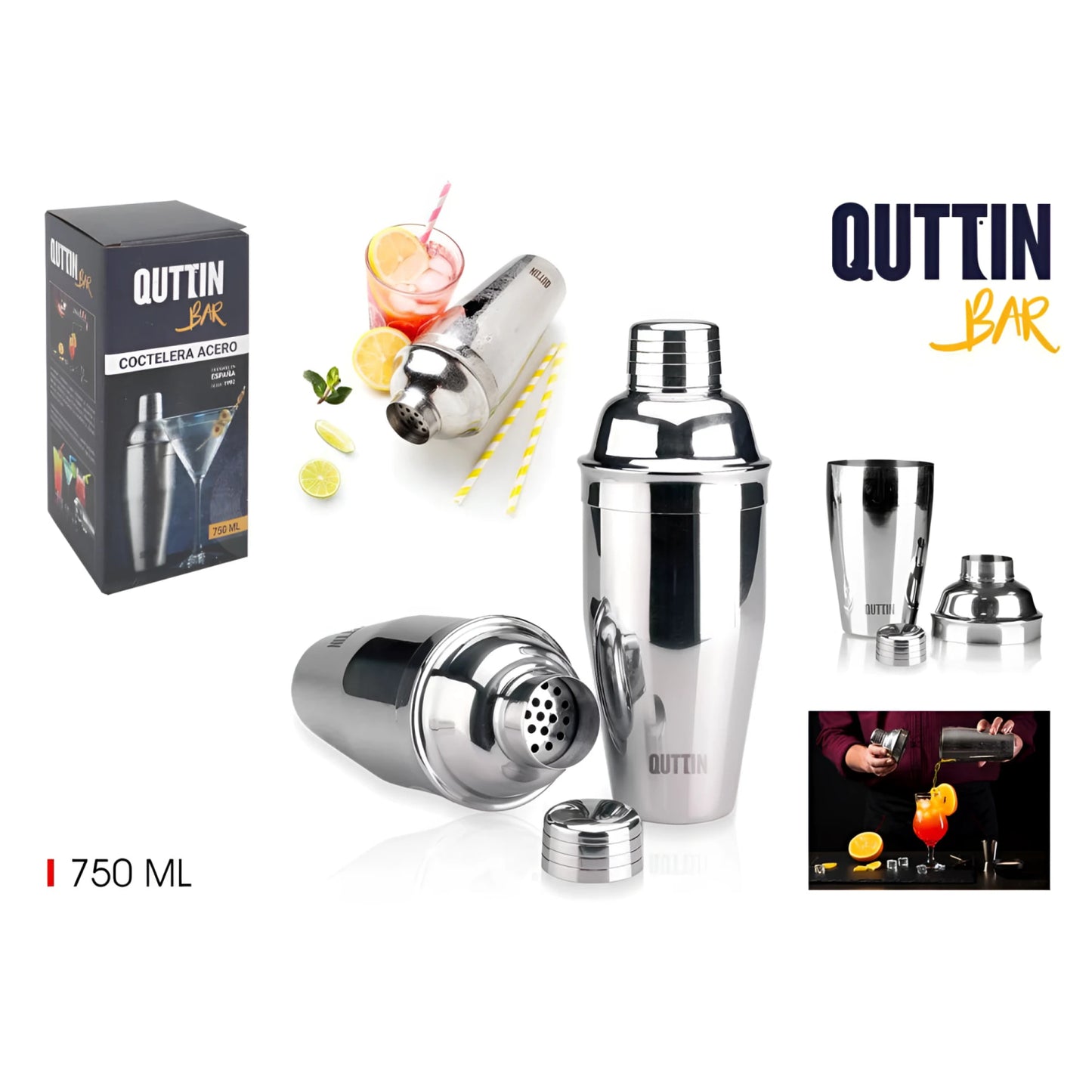Stainless steel cocktail shaker set with jigger and strainer, 750ml capacity, Quttin Bar