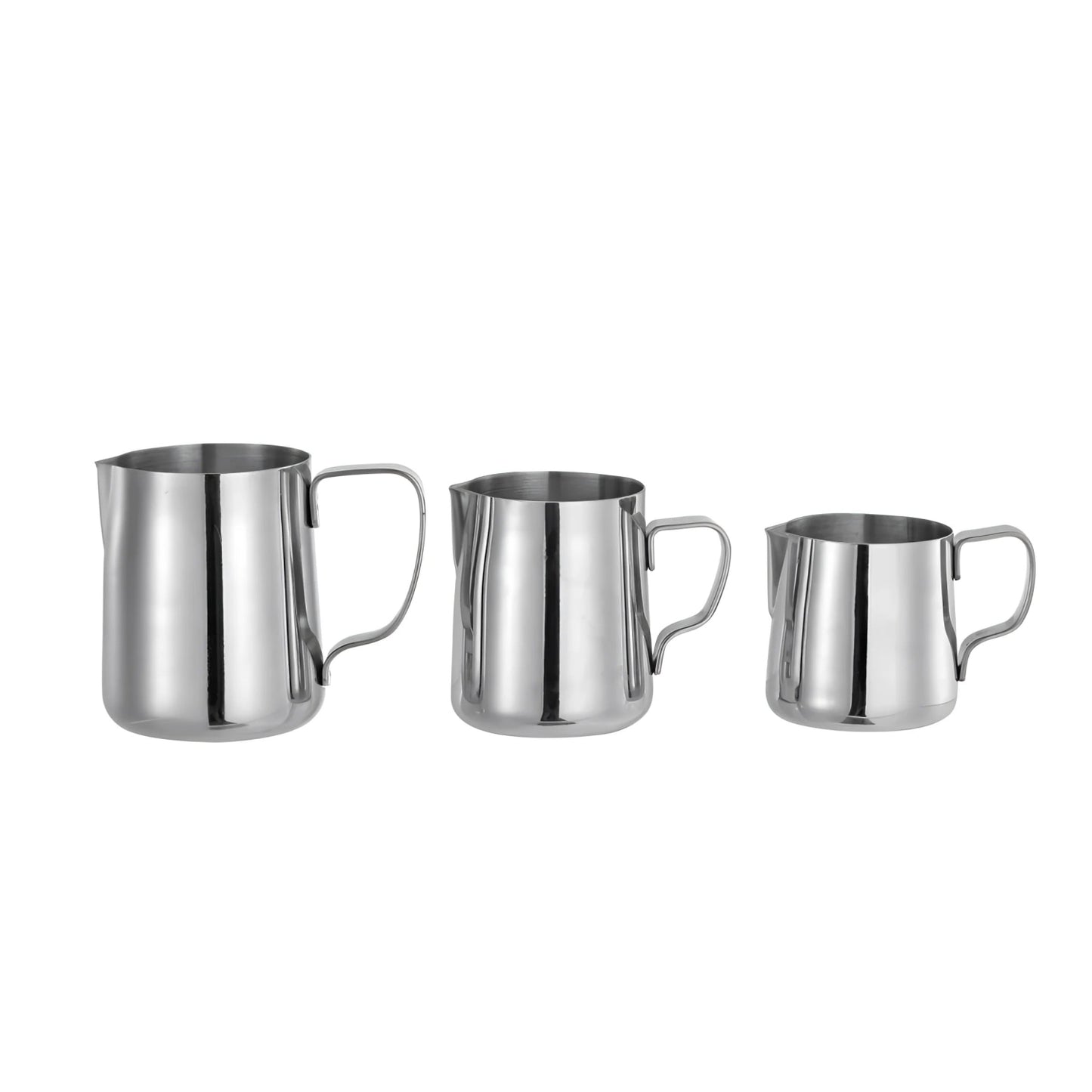 Set of three stainless steel milk frothing jugs with handles and pouring spouts for coffee