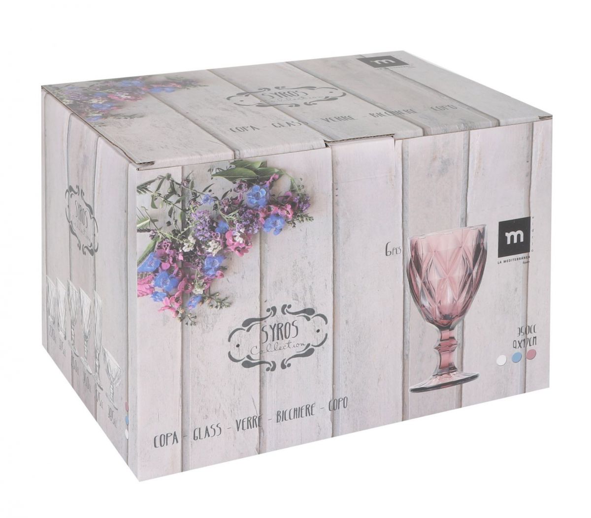 Syros clear Vintage Red wine glasses 350ml box with pink floral design