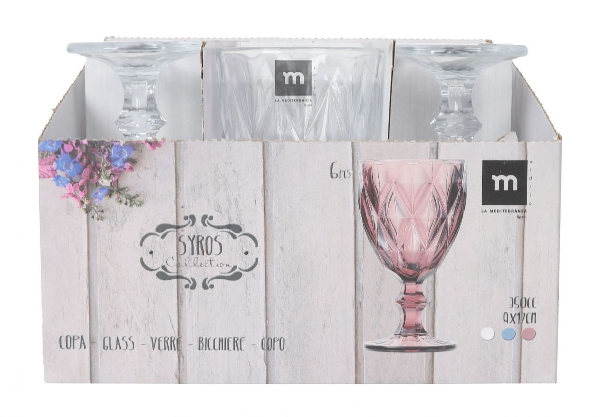 Boxed set of six Syros clear Vintage Red wine glasses 350ml with pink and clear options