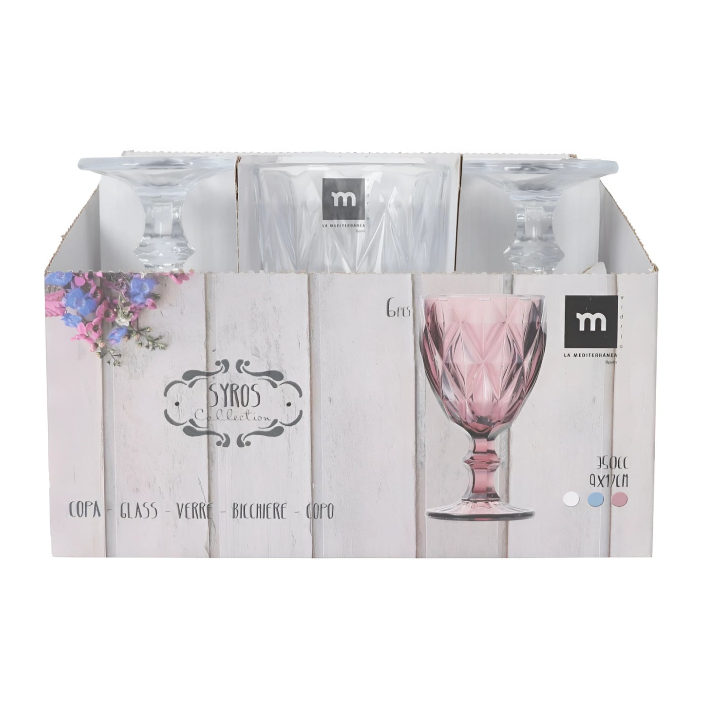 Boxed set of six Syros clear Vintage Red wine glasses 350ml with pink and clear options