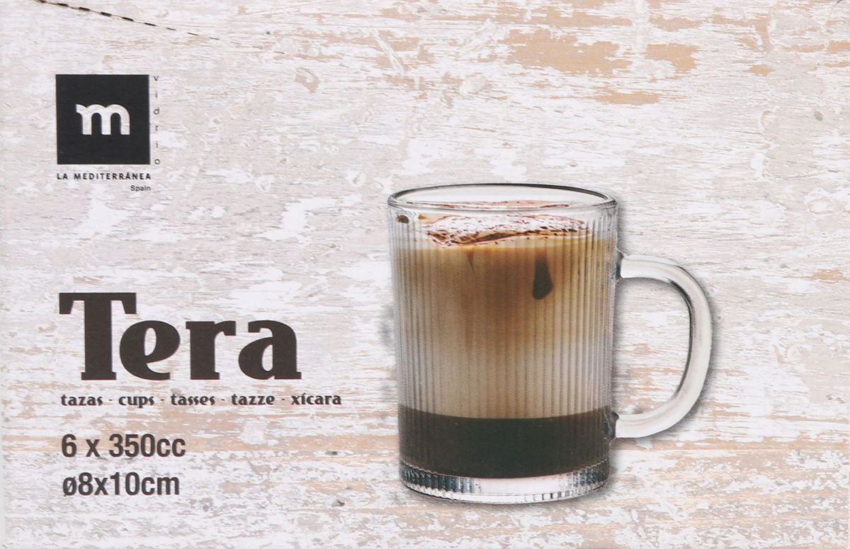 Ribbed glass Tera Coffee Tea mug with handle 350ml suitable for hot or cold drinks