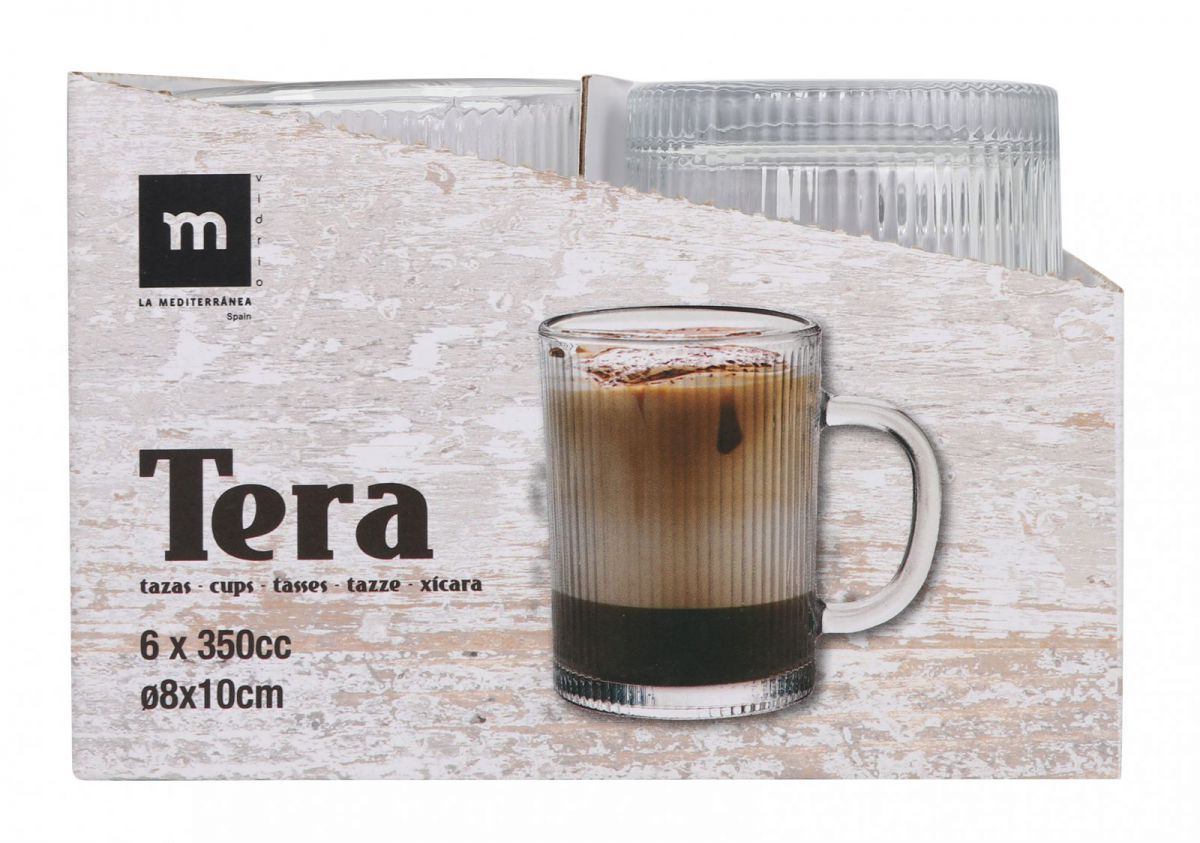 Set of six ribbed glass coffee tea mugs with handles, 350ml Tera product