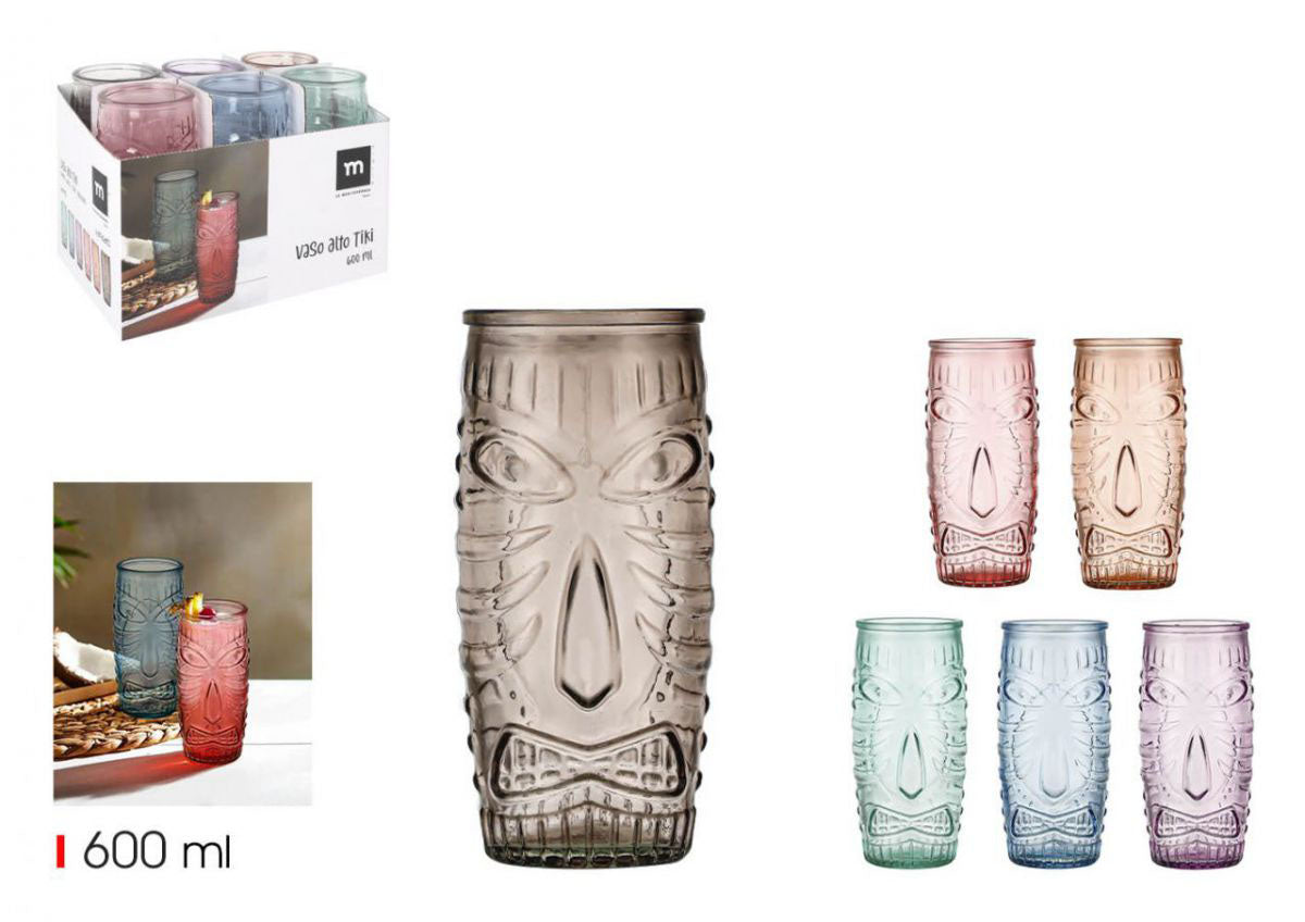 Colorful glass tiki tumblers with embossed designs in various tints, 600 ml capacity