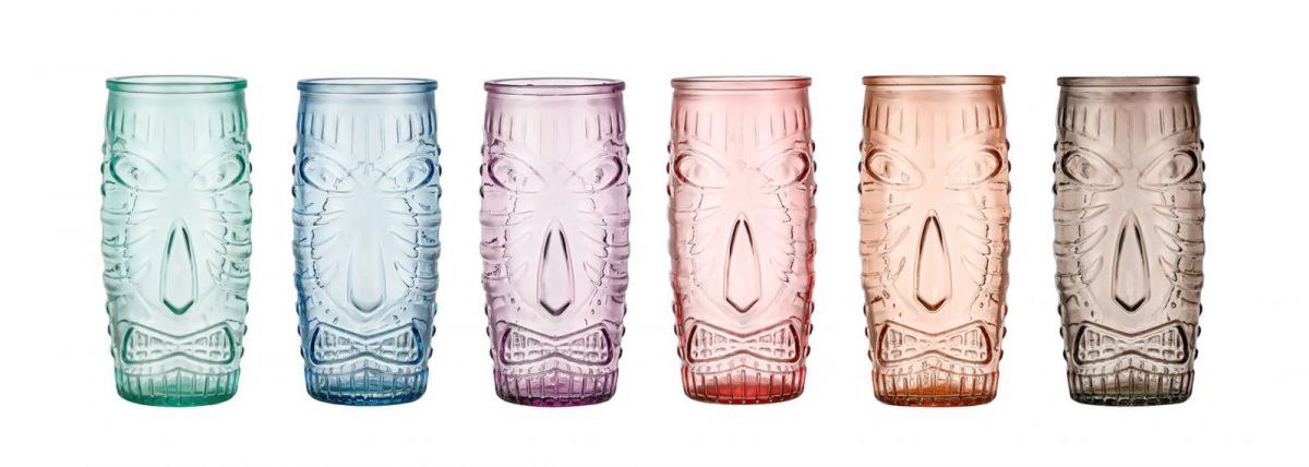 Set of six colorful Tiki Highball cocktail glasses in a box, perfect for tropical drinks