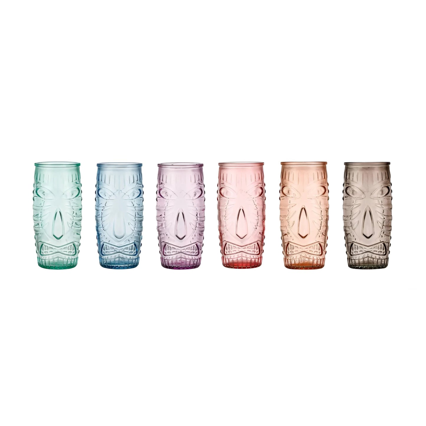 Set of six colorful Tiki Highball cocktail glasses in a box, perfect for tropical drinks