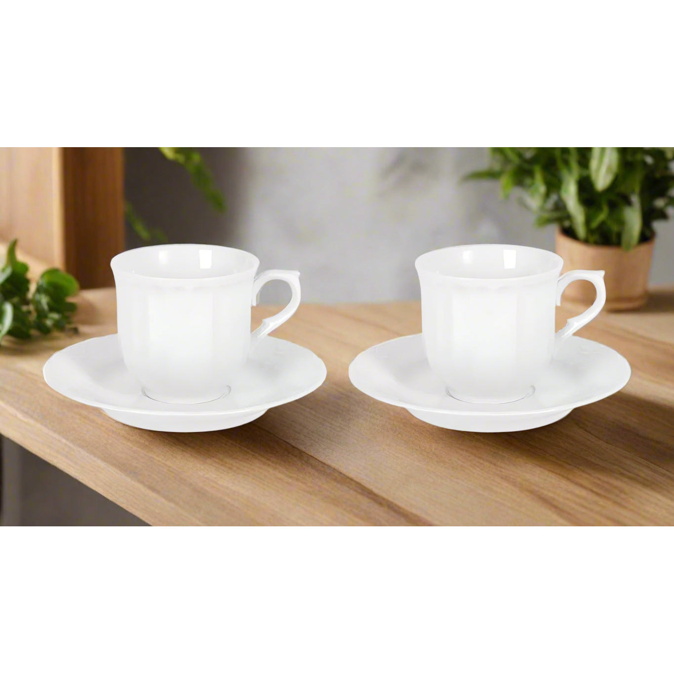 White porcelain vintage coffee tea mugs with handles and matching saucers display elegance