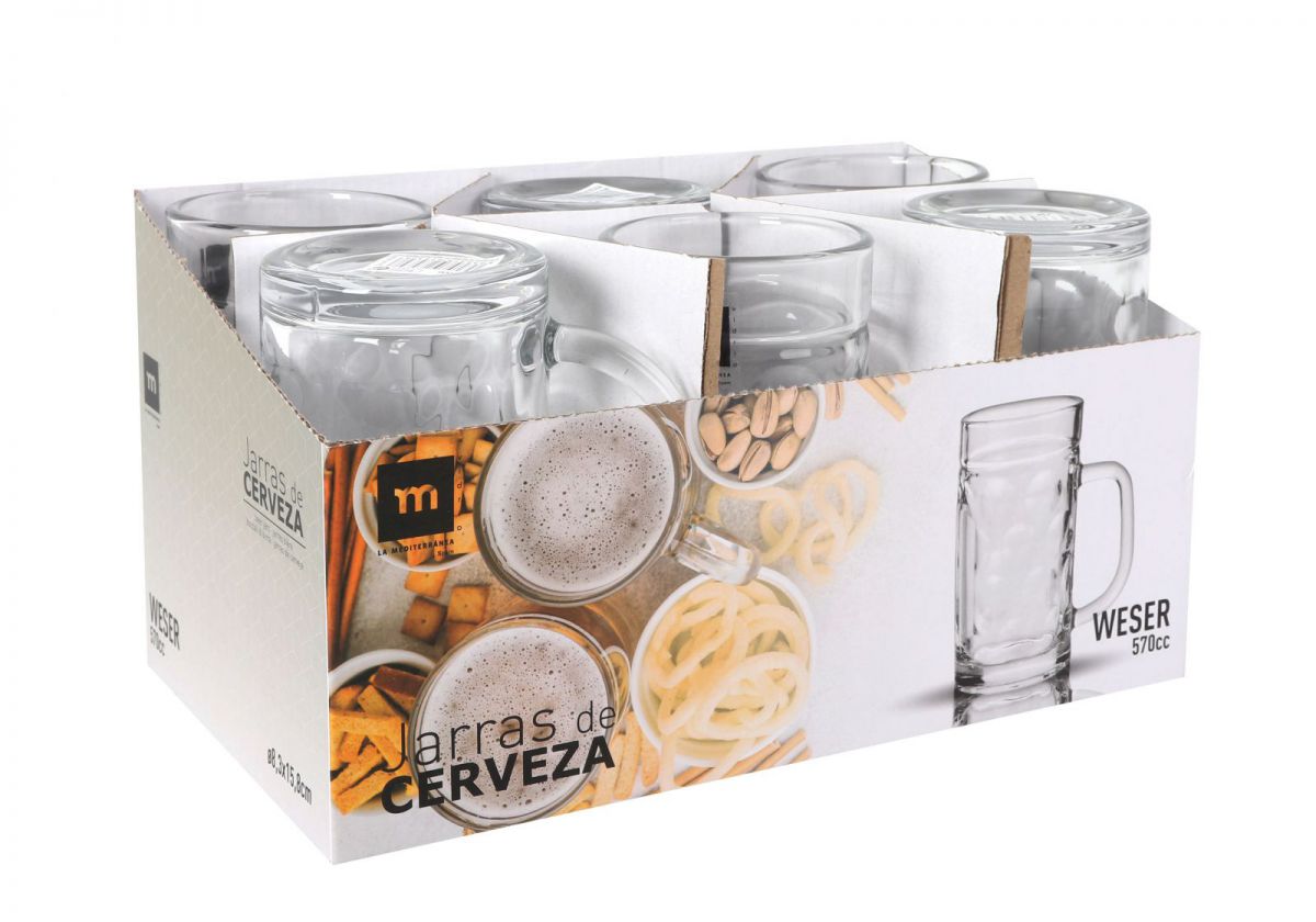 Retail box with six clear glass Weser Pint Beer Tankards 570ml for brewing and serving