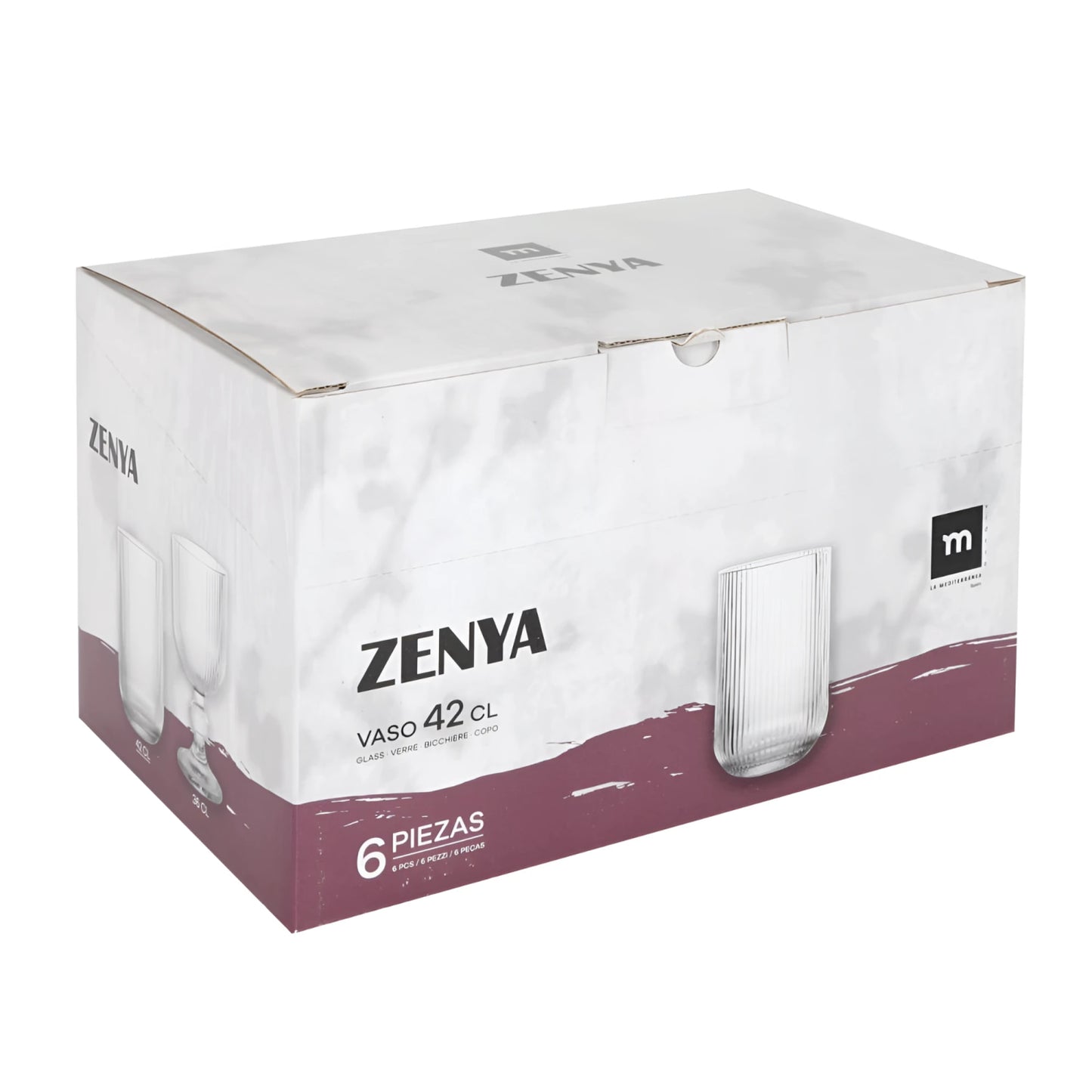Box of six Zenya Clear striped highball glasses 420ml for cocktails and drinks