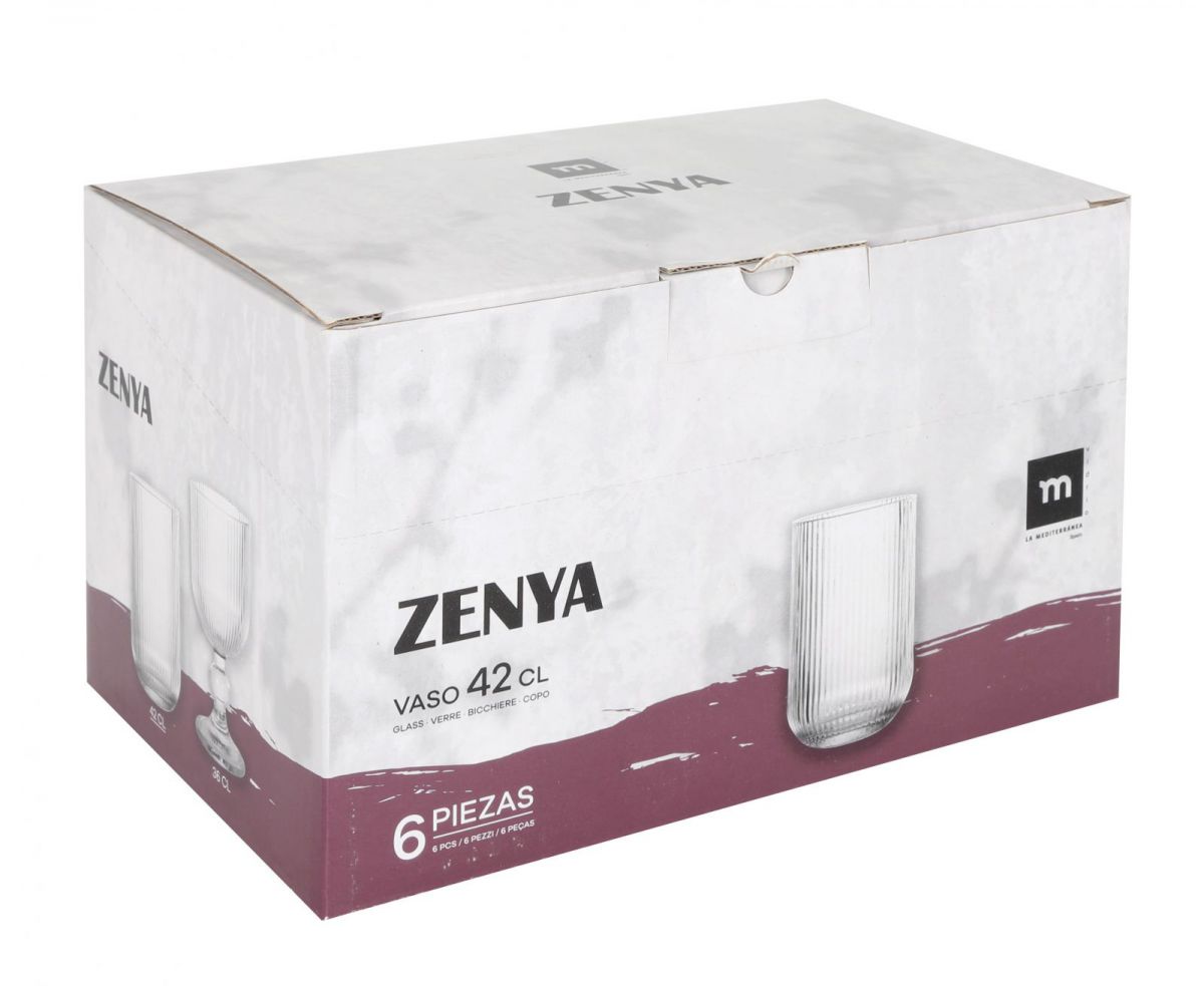 Carton of six Zenya Clear striped 360ml wine glasses made of glassware