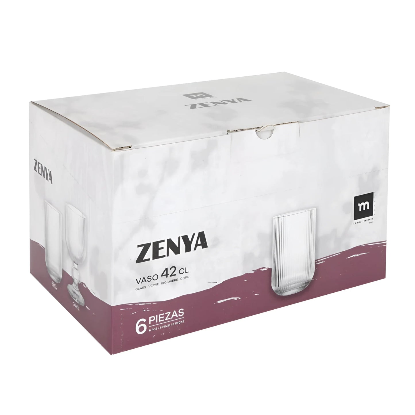Carton of six Zenya Clear striped 360ml wine glasses made of glassware