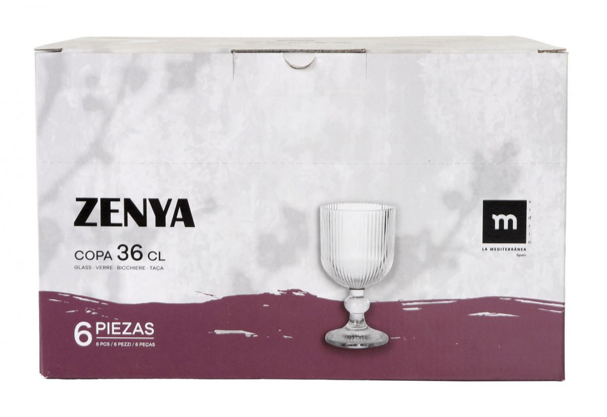 Box of six Zenya Clear striped wine glasses 360ml with ribbed glass design