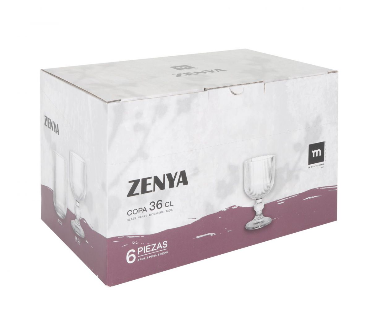 Cardboard box with six Zenya Clear striped Wine glasses 360ml for elegant serving