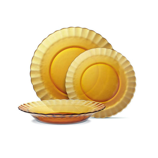 Amber-colored glass plates with ruffled edges from Duralex Picardie Vermeil dinner set