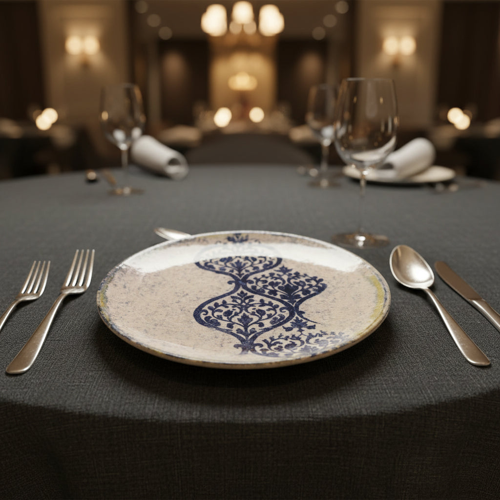 Decorative round coaster with blue floral pattern on a white background