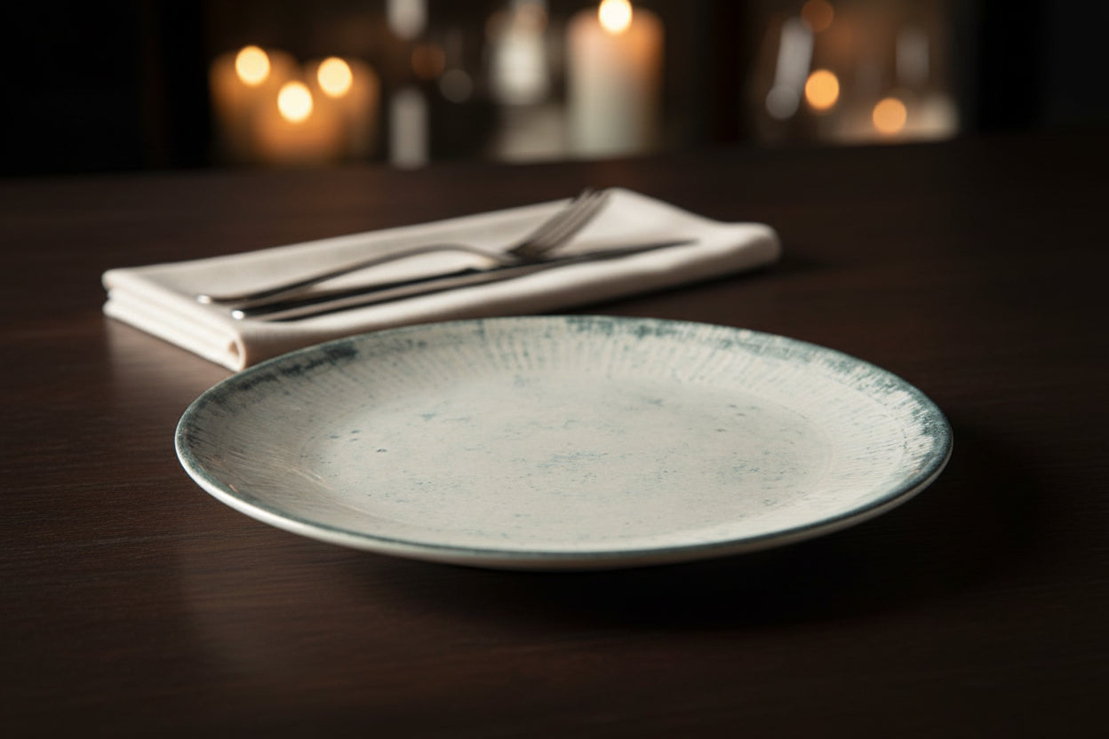A round ceramic plate with a textured off-white glaze and a dark gray-blue rim, shown from a top-down view on a white background.