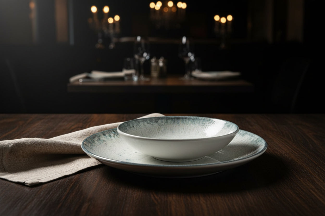 A ceramic dinner plate with a textured, speckled off-white glaze and a dark gray rim, shown alongside a matching shallow bowl on a plain white background.