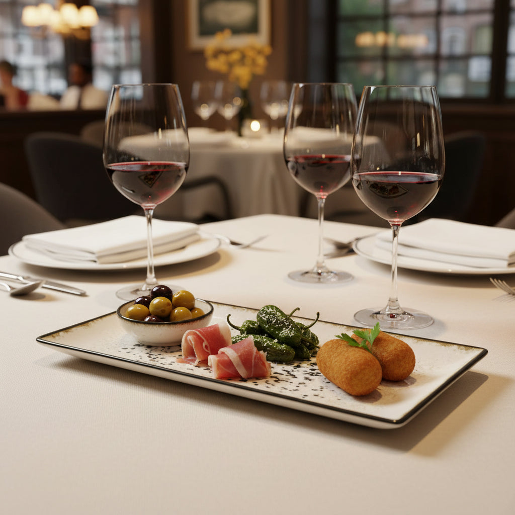 A plated appetizer spread on a restaurant table, featuring prosciutto, green olives, green beans, and two golden croquettes, with three wine glasses of red wine in the background.