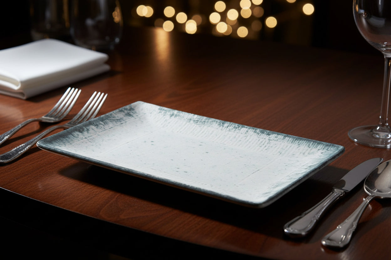 A rectangular ceramic serving platter with a distressed, rustic design. The center is a warm off-white/cream glaze with subtle speckles, while the border features a textured, dark gray-blue glaze.
