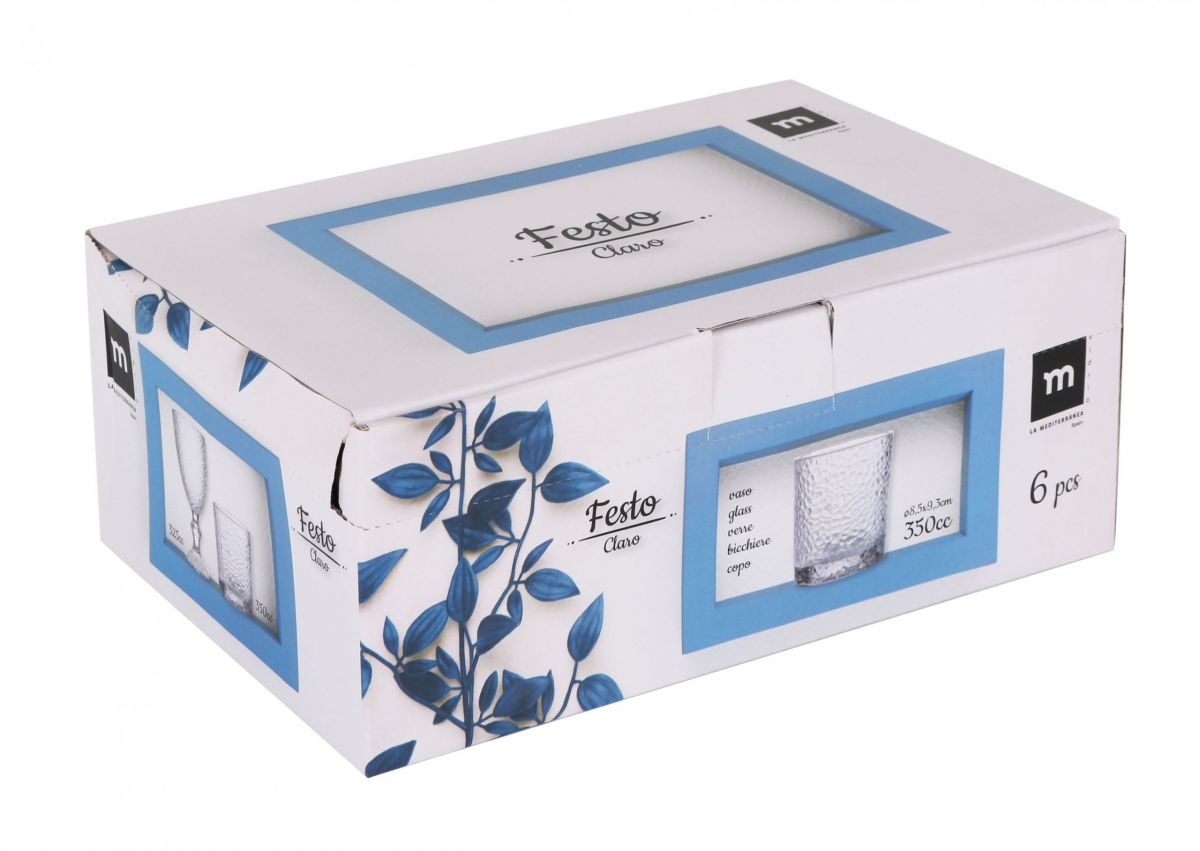 White cardboard box with six Festo Clear 350ml cocktail whisky drinking glasses