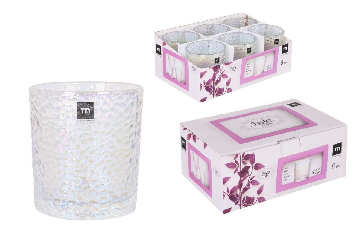 Textured iridescent glass votive candle holders next to 350ml Festo LUSTER cocktail whisky glasses