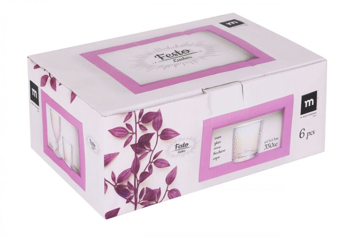 White cardboard box with pink accents holding six 350ml cocktail whisky glasses Festo LUSTER