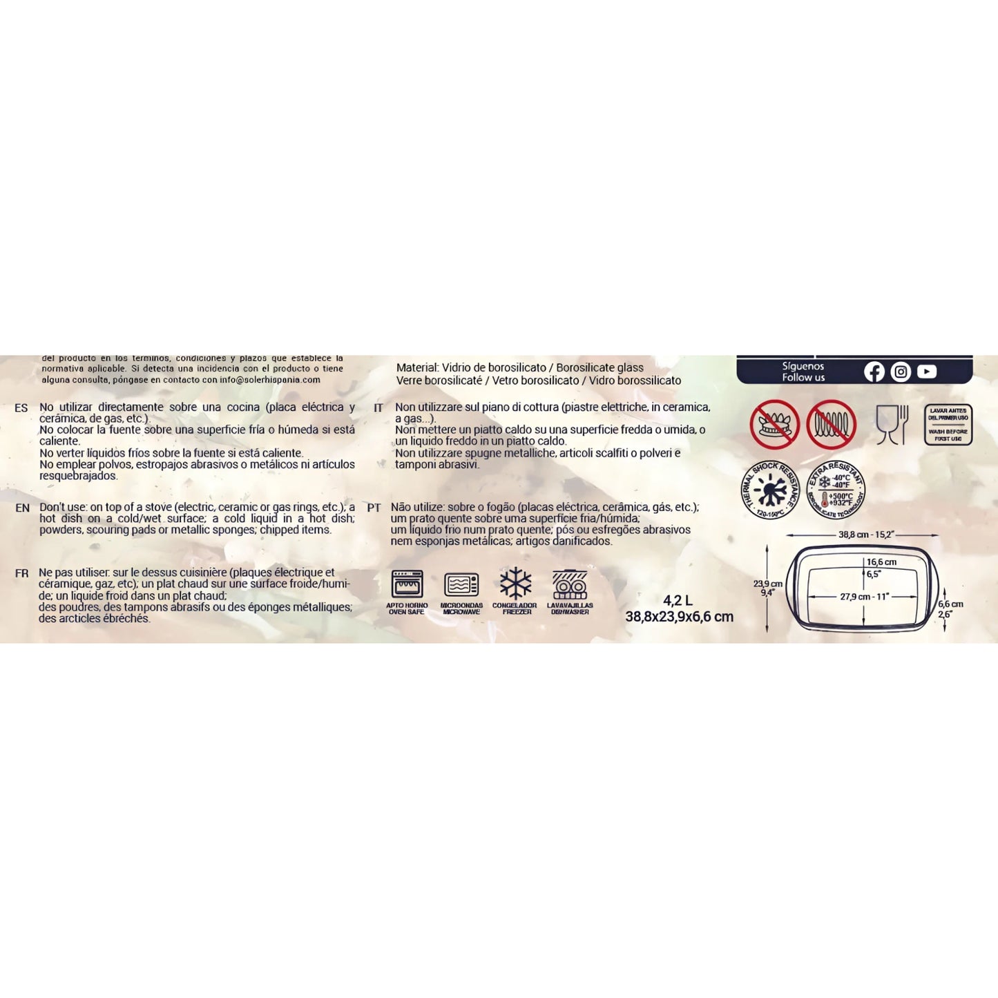 Borosilicate glass 4.2L rectangular baking dish with dimensions and usage instructions
