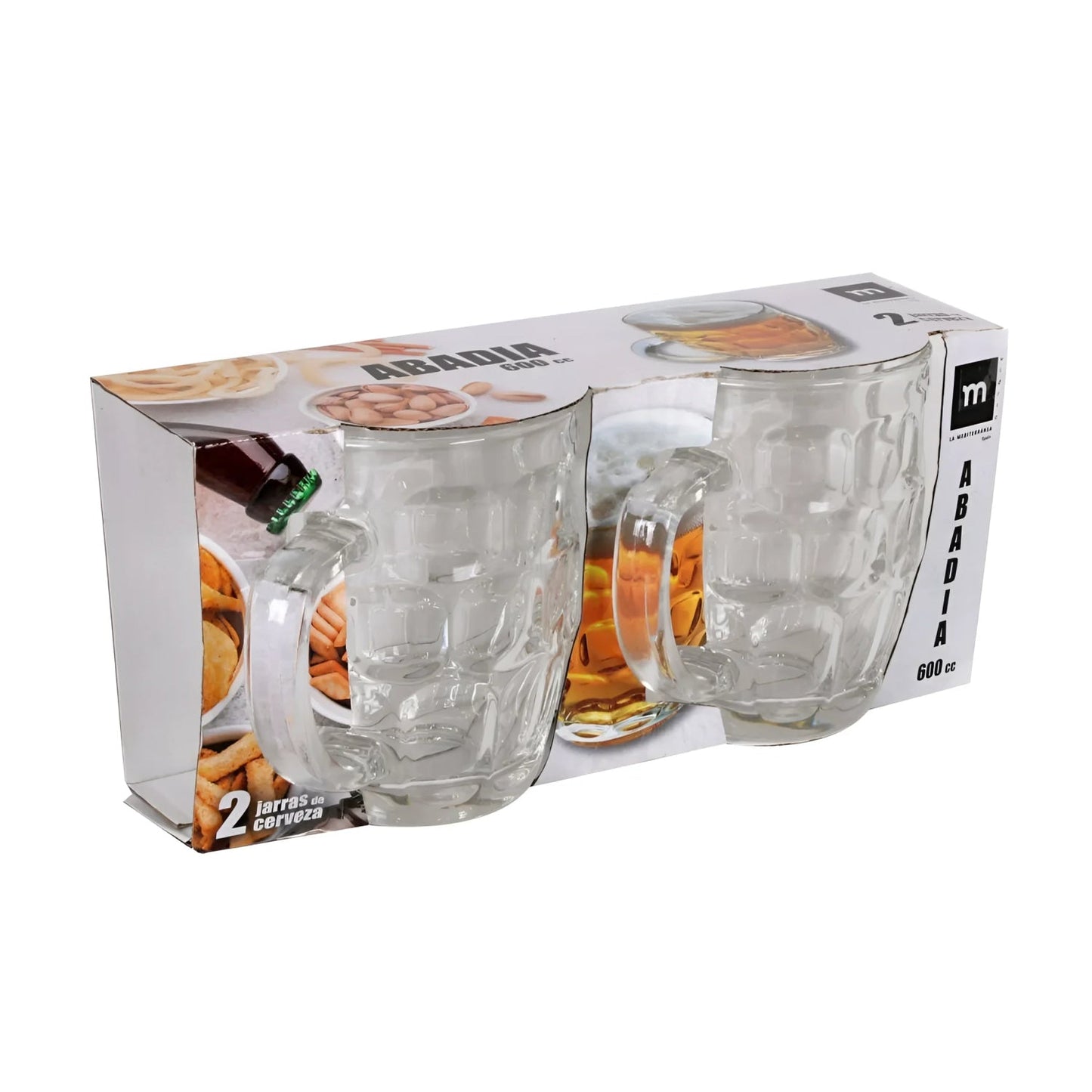 Two clear glass 600ml Pint Beer Tankard Abadia mugs in packaging