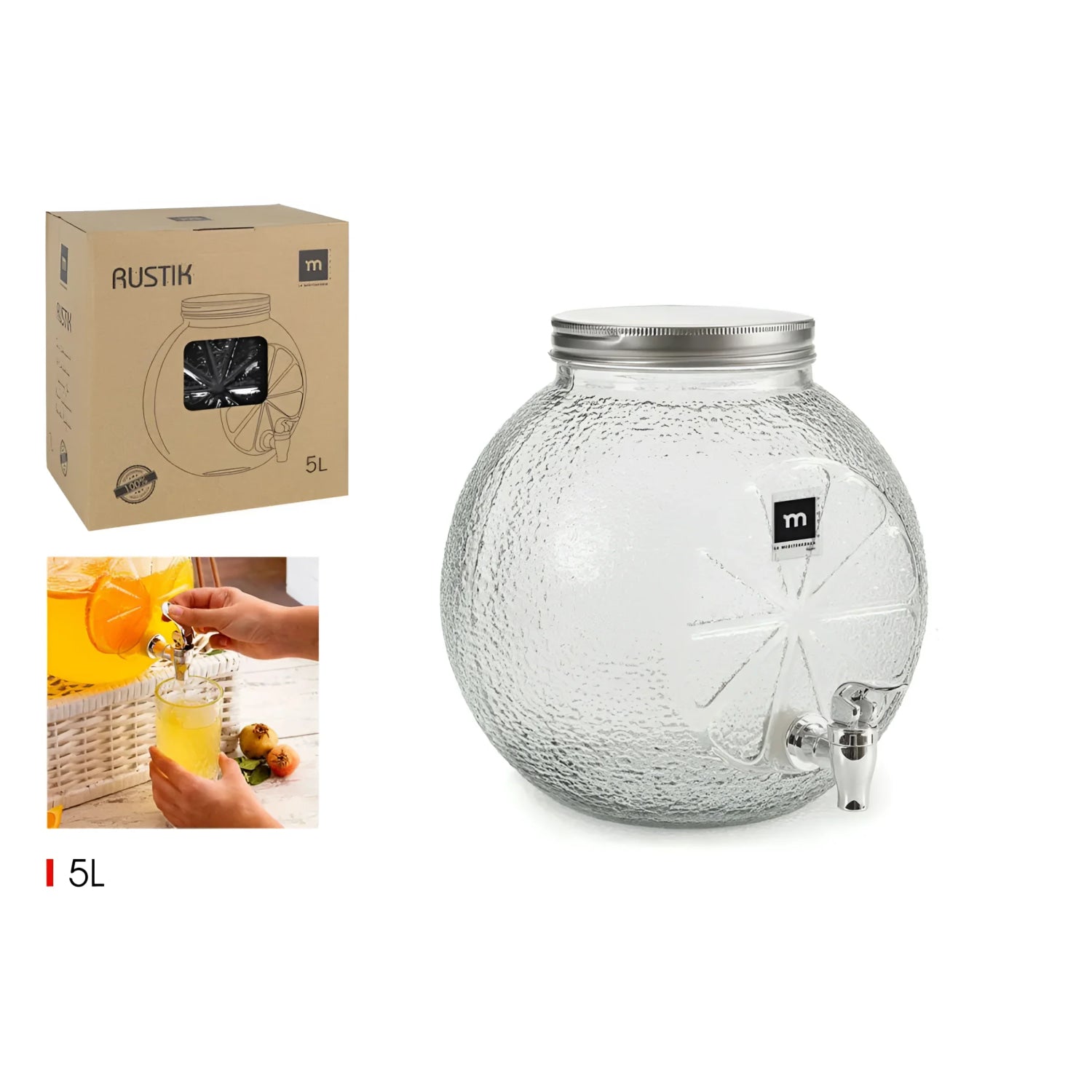 5L glass Drinks Dispenser Round Rustik