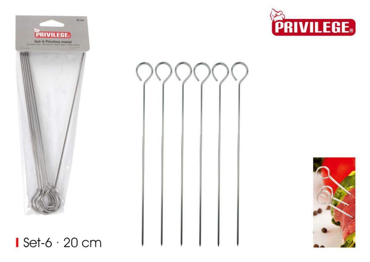 Set of six stainless steel grilling skewers for barbecues and kebabs