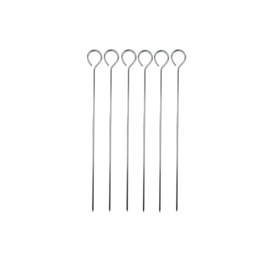 Six stainless steel kebab skewers with looped handles for BBQ and grilling