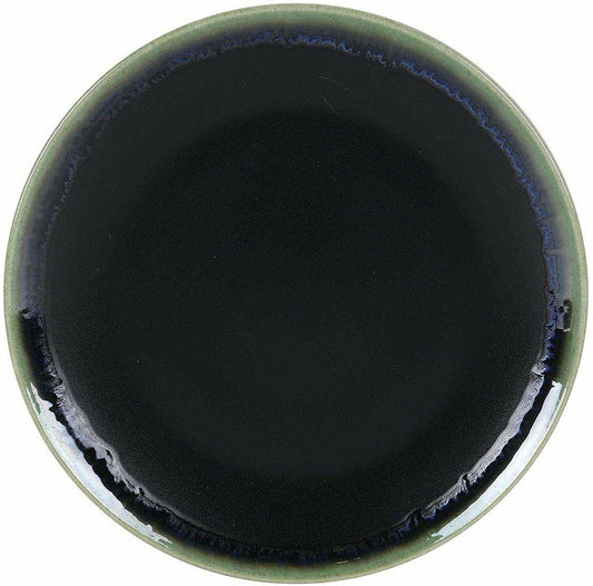 Round 26cm dark blue stoneware dinner plate with green rim