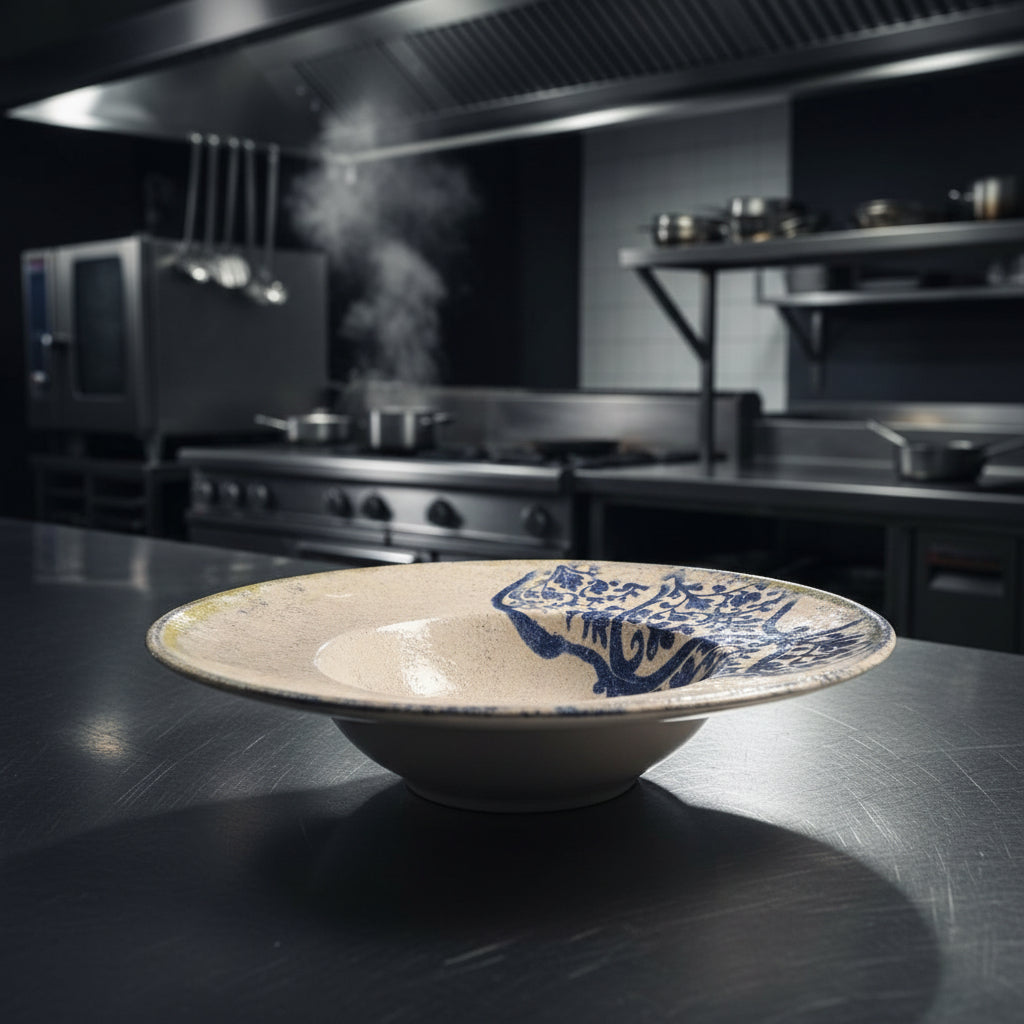 Ceramic bowl with blue floral design on a white background
