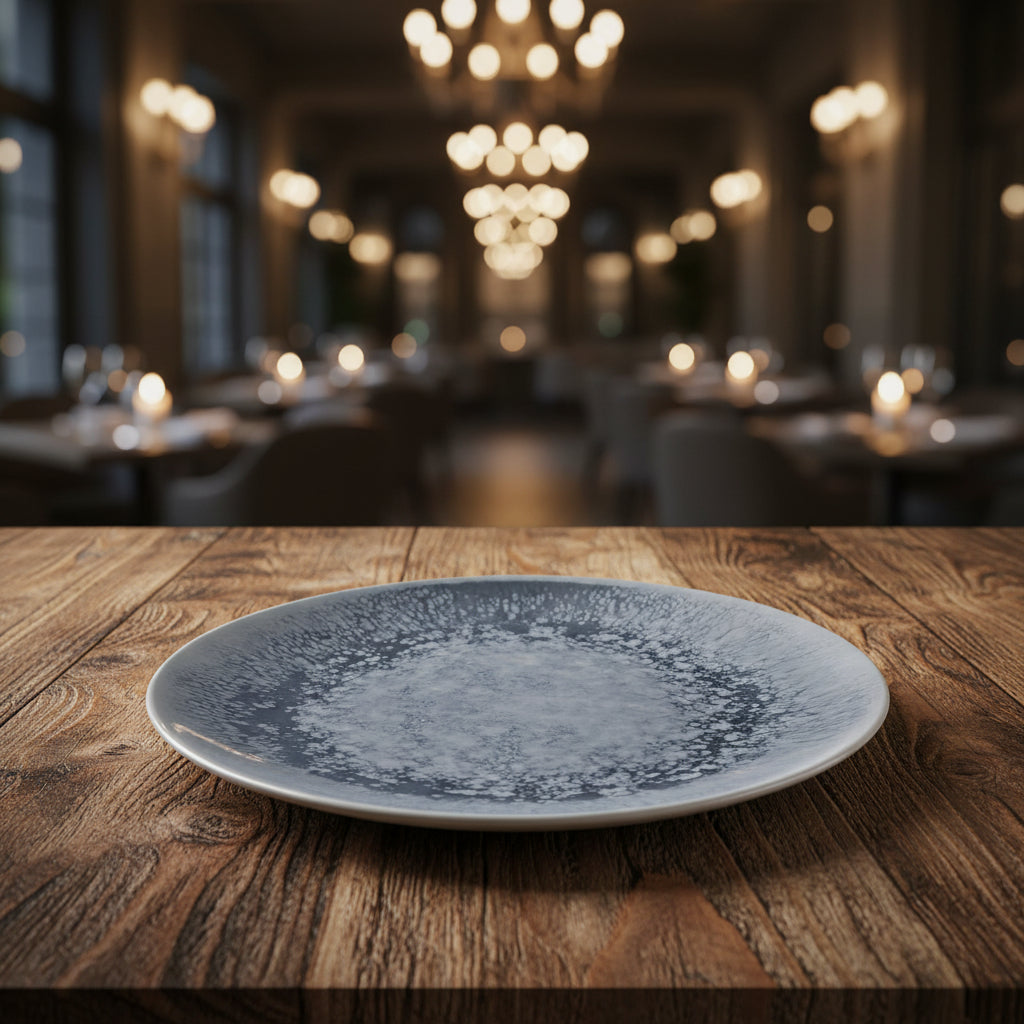 A round glass plate with a textured, frosted pattern in shades of gray and white, shown from a top-down view on a solid white background.