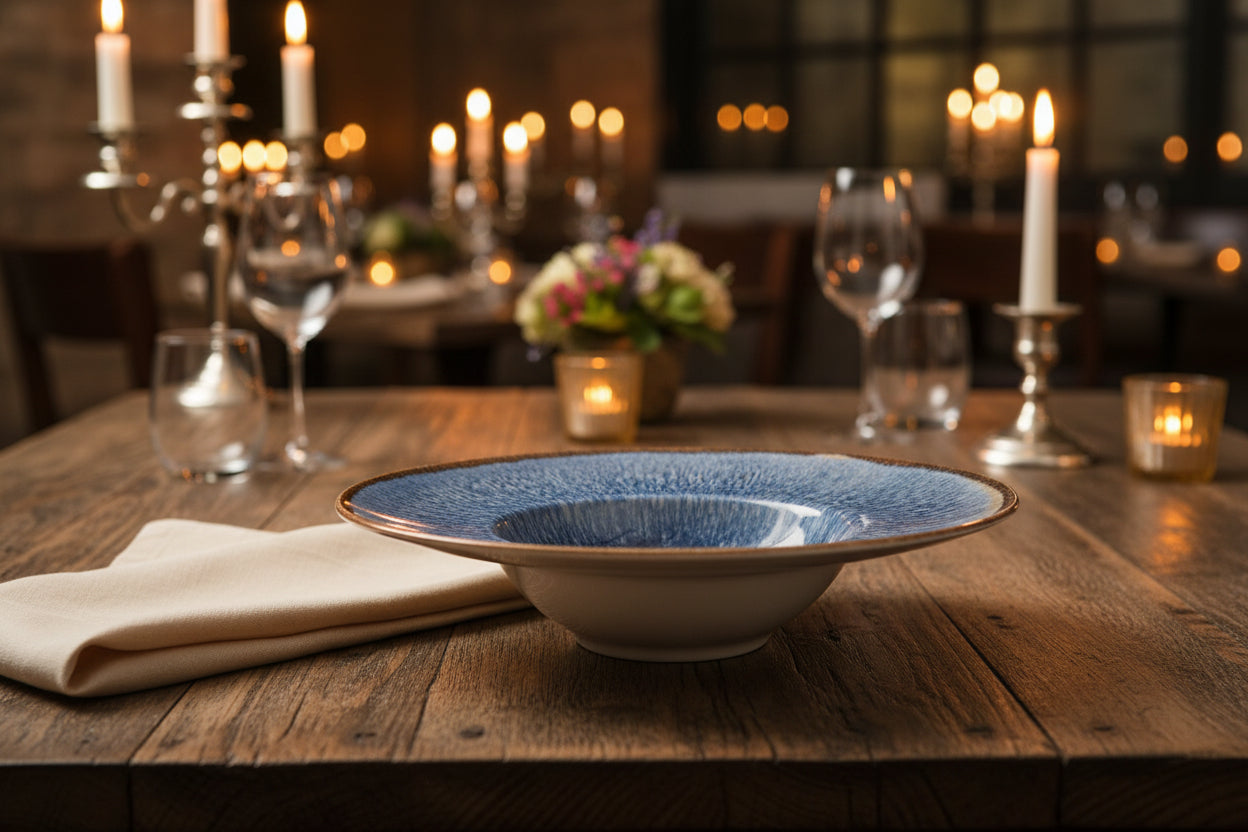 A ceramic bowl with a textured blue glazed interior and rim accented with a gold-toned glaze, shown alongside a circular close-up inset of the bowl's interior pattern on a white background.