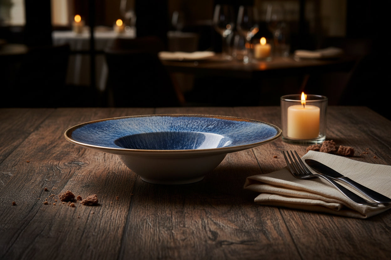 A ceramic bowl with a textured blue glazed interior and rim accented with a gold-toned glaze, shown alongside a circular close-up inset of the bowl's interior pattern on a white background.