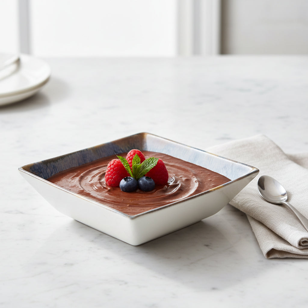 A square ceramic bowl with a white exterior and a blue textured interior, shown alongside a small square inset detail of the blue patterned glaze.