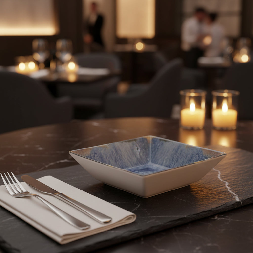 A square ceramic bowl with a white exterior and a blue textured interior, shown alongside a small square inset detail of the blue patterned glaze.