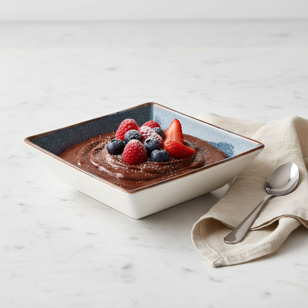 A square ceramic bowl with a speckled blue interior and a warm brown rim, shown alongside a matching square sample tile on a plain white background.