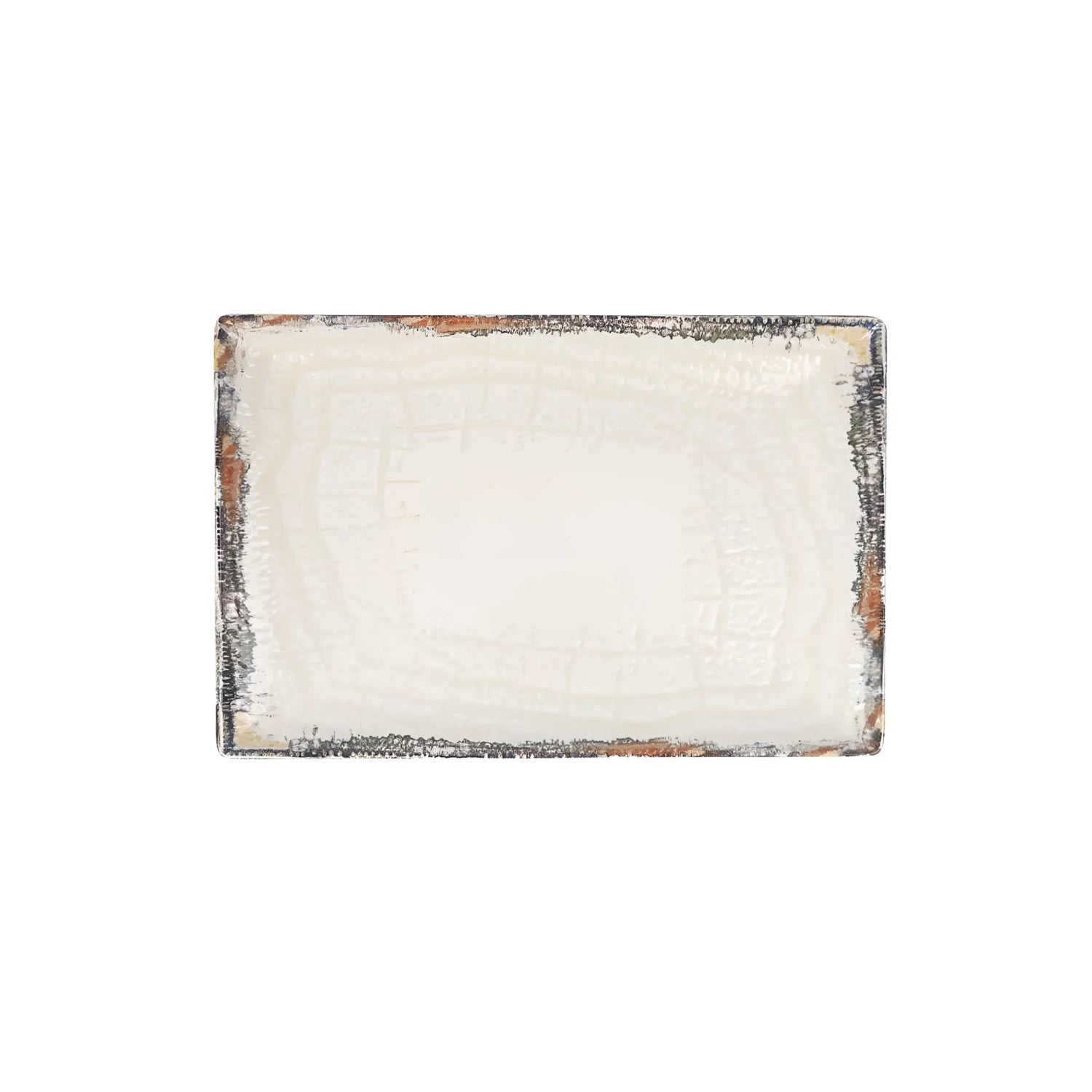 White rectangular stoneware dinner plate with distressed border in Albus 30x20cm tray