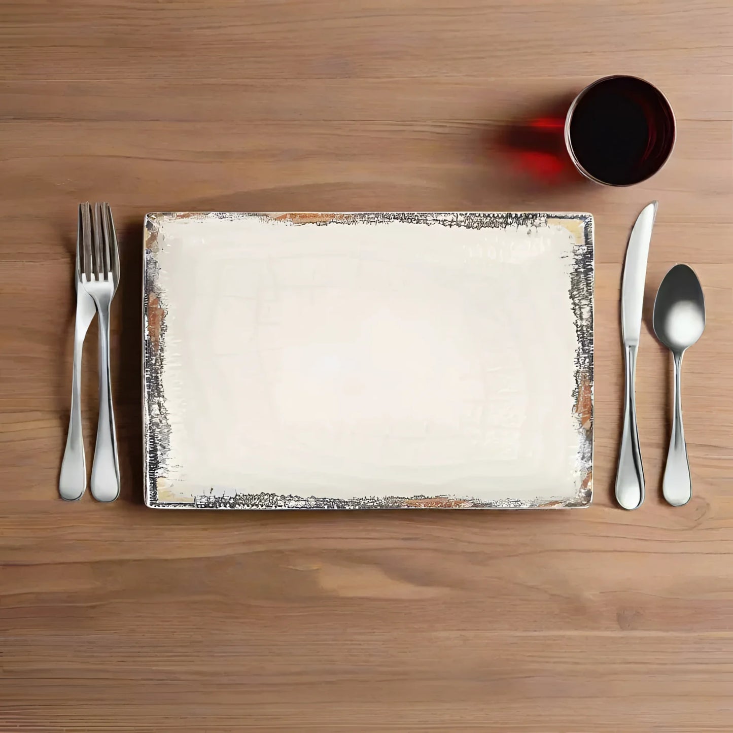 Albus rectangular 30x20cm stoneware dinner plate with a place setting and empty plate