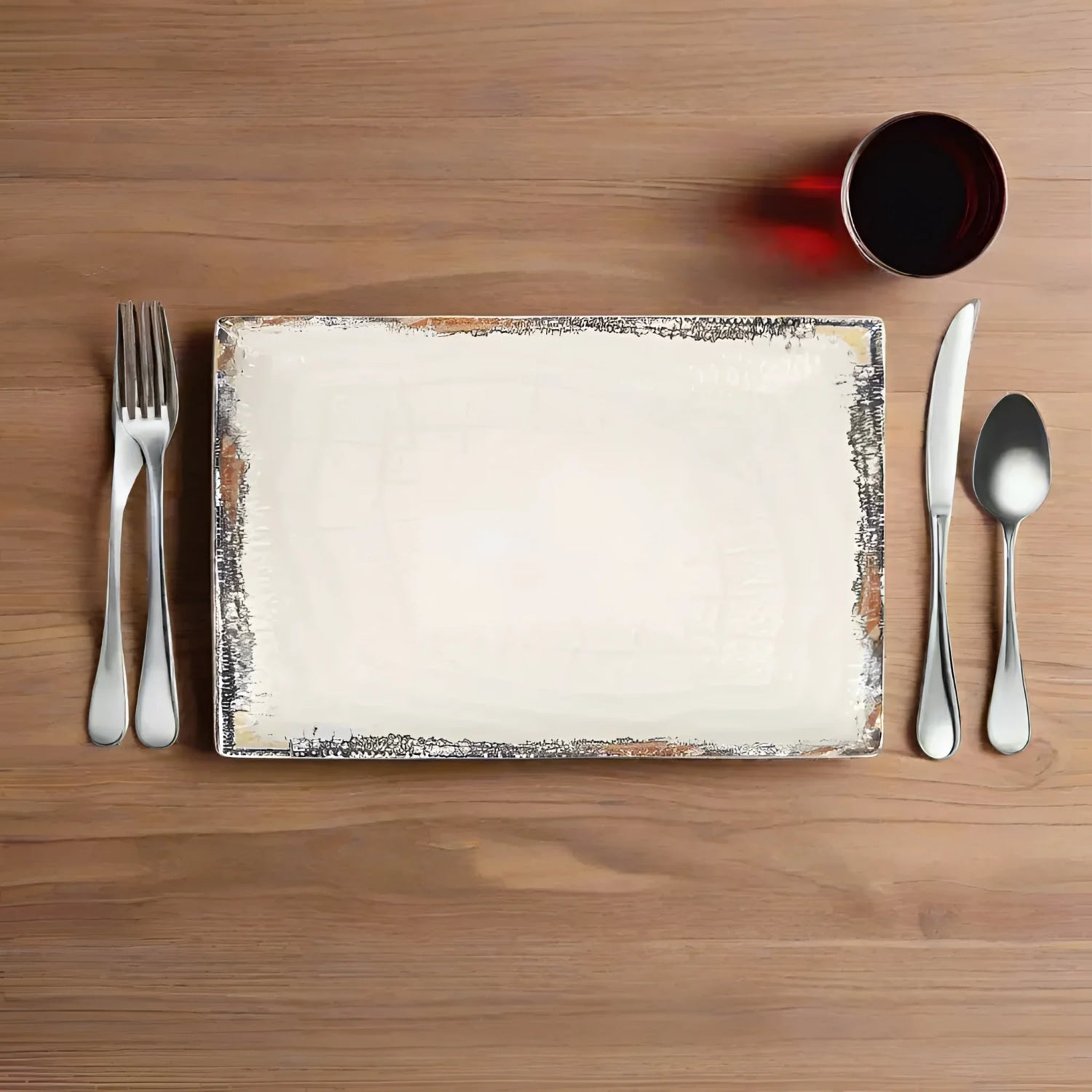 Albus rectangular 30x20cm stoneware dinner plate with a place setting and empty plate