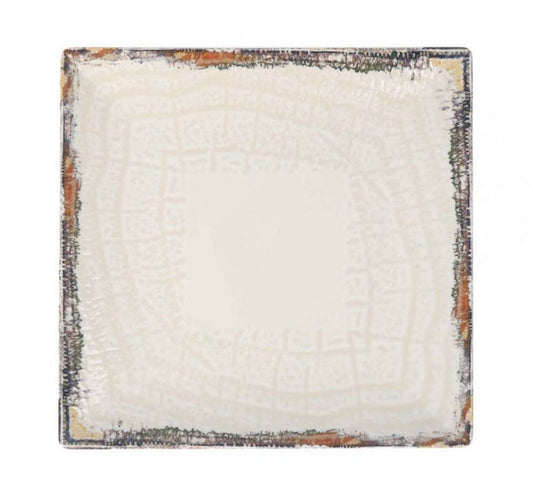 Albus square 24x24cm off-white ceramic dinner plate with distressed rustic brown and black rim