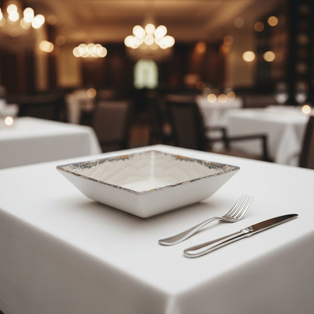 A square white ceramic bowl with a textured interior and a rustic metallic gold-rimmed edge, shown alongside a smaller inset view of the same bowl on a plain white background.