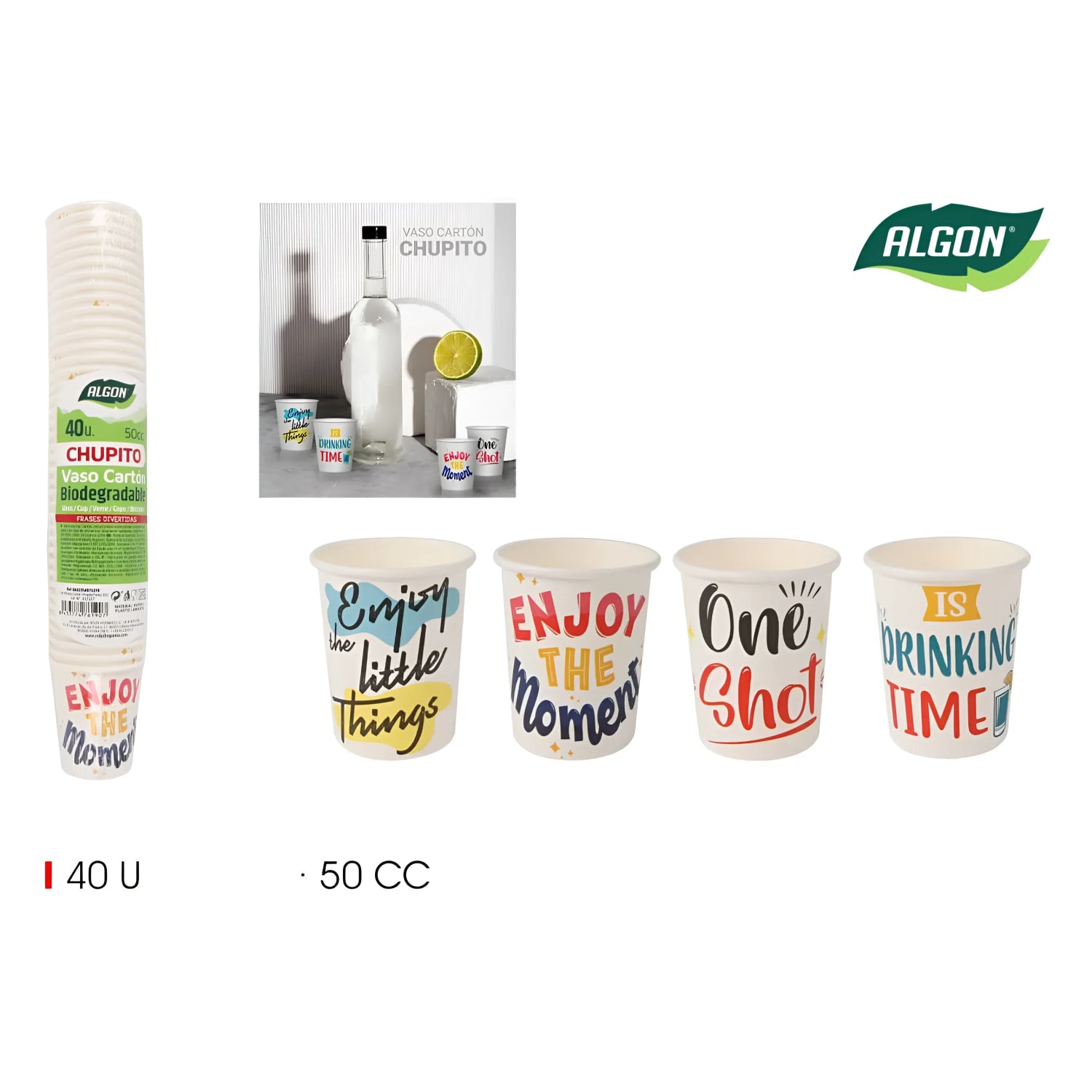 Algon 50ml disposable shot glasses party glasses Assort Messages Pack 40