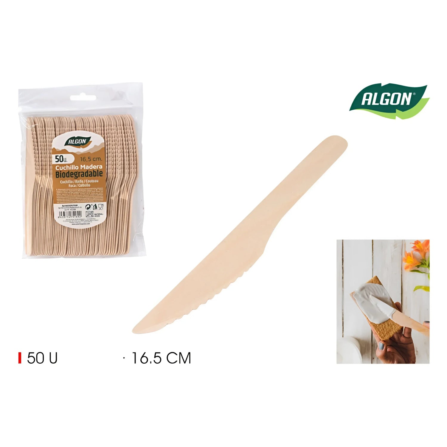 Algon Knives Disposable Biodegradable wooden party take away cutlery Pack of 50