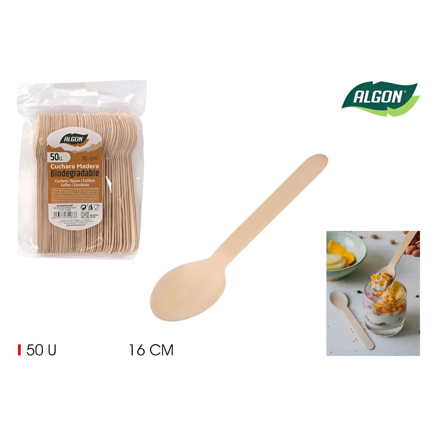 Algon Spoons Disposable Biodegradable wooden party take away cutlery Pack of 50