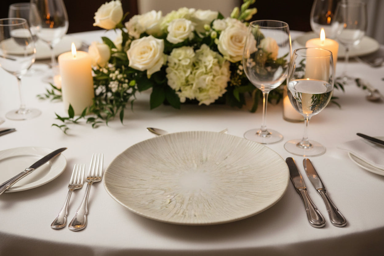 A round ceramic plate with a textured, radial crackle glaze in off-white and light beige tones, photographed from directly above on a solid white background.