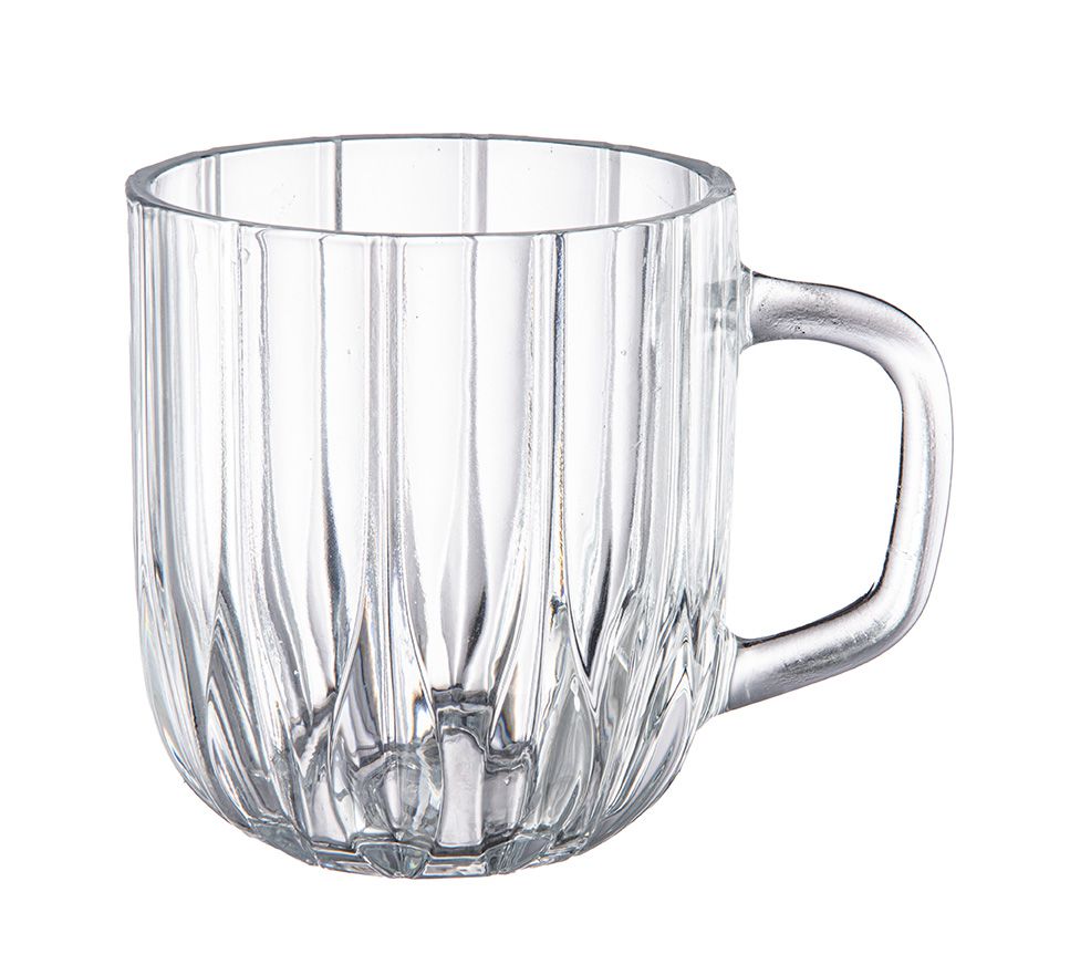 Ariza clear ribbed glass coffee mug with curved handle 290ml