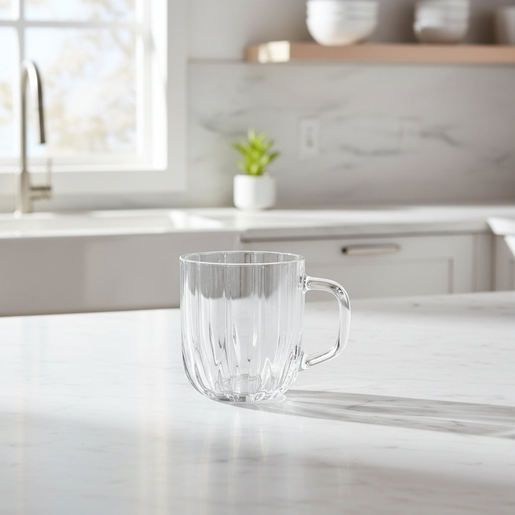Clear ribbed glass mug with a handle, shown on a plain white background.